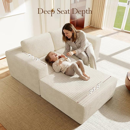 Vesgantti 80" Modular Sectional Sofa, Corduroy Cloud Couch with Deep Seats & Spring Support, Compact 2 Seater Boneless Couch, L-Shaped Modular Sofa for Small Spaces, Apartments, No Assembly, Beige