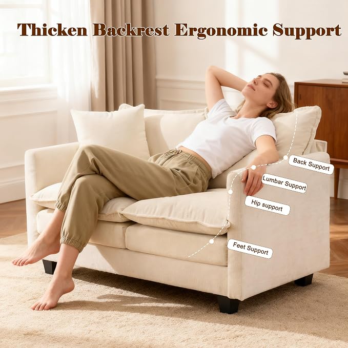 50'' Loveseat Sofa Cloud Sofa Couch, Modern Loveseats 2 Seat Couch 27" Deep Seat with 2 Pillows for Small Spaces Apartment Studio Office Bedroom Living Room, Beige