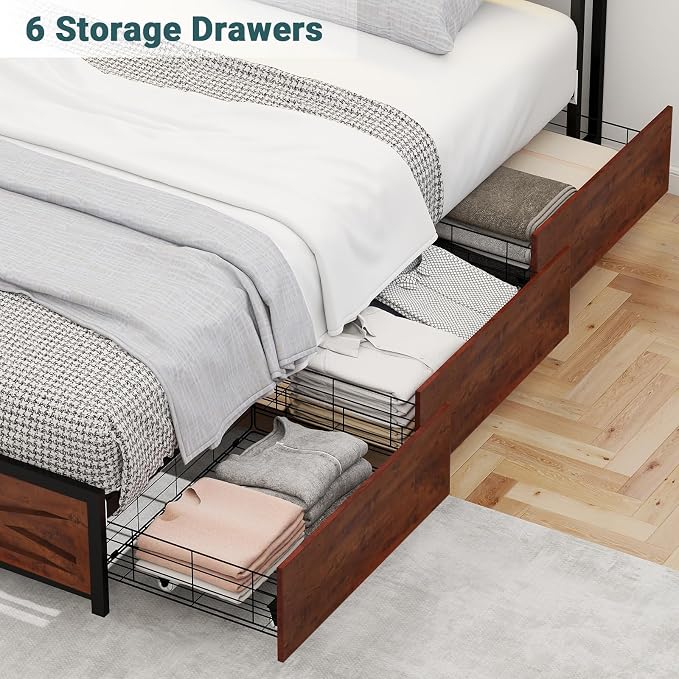 Zevemomo Full LED Bed Frame with 6 Storage Drawers, Farmhouse Headboard w/Charging Ports Station, Full-Size Platform Bed Frame No Box Spring Needed, Metal Structure & Wood Boards, Rustic Bed Frames