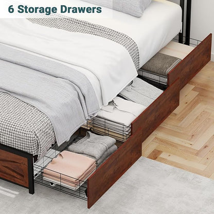 Zevemomo Full LED Bed Frame with 6 Storage Drawers, Farmhouse Headboard w/Charging Ports Station, Full-Size Platform Bed Frame No Box Spring Needed, Metal Structure & Wood Boards, Rustic Bed Frames
