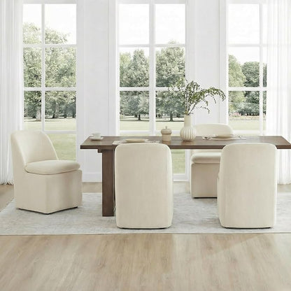 KISLOT Upholstered Dining Chairs Set of 4 with Casters, Modern Side Armless Deskchair with Washable Slipcover & Sturdy Metal Frame for Diningroom Bedroom Livingroom Reading Room, Beige Fabric