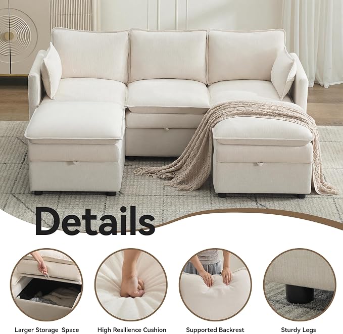 80" Cloud Modular 3 Seater Sofa with 2 Storage Ottoman, Modern Upholstered Storage Sofa Couch Deep Seat, U Shape Sectional Sofa Chenille Comfy Couch with Armrests for Living Room, Small Space, Beige