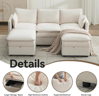 80" Cloud Modular 3 Seater Sofa with 2 Storage Ottoman, Modern Upholstered Storage Sofa Couch Deep Seat, U Shape Sectional Sofa Chenille Comfy Couch with Armrests for Living Room, Small Space, Beige