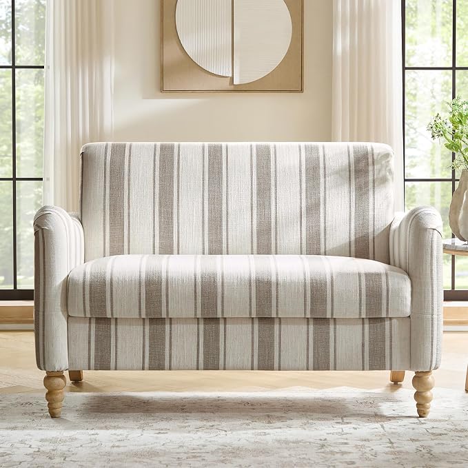 HULALA HOME 50.5" Loveseat Sofa with Stripe Pattern, 2 Seater Farmhouse Sofa with Rolled Wide Armrests and Rubber Wood Legs, Comfy Upholstered Small Couch for Living Room Bedroom, Tan