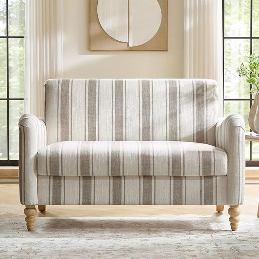 HULALA HOME 50.5" Loveseat Sofa with Stripe Pattern, 2 Seater Farmhouse Sofa with Rolled Wide Armrests and Rubber Wood Legs, Comfy Upholstered Small Couch for Living Room Bedroom, Tan