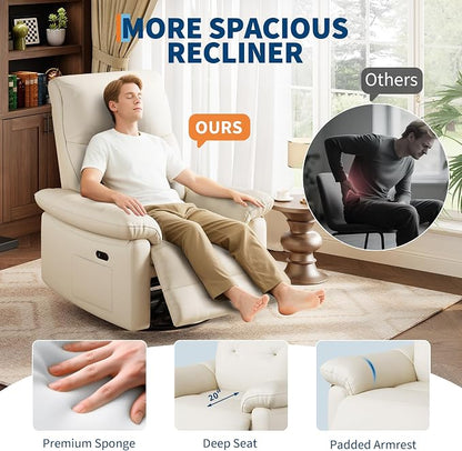 Power Recliner Chair, 270° Swivel Rocking Glider with USB Charging Port, PU Leather Upholstered Fabric and Button Tufted Backrest, Ergonomic Nursery Chair for Living Room (Beige)