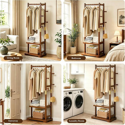 Taitiy Coat Rack Solid Wood Clothes Rack with 2 Shelves & 5 Hooks for Hanging Clothes Garment Wallets Hats, Clothing Rack Coat Rack Freestanding Hall Tree with Storage for Hallway Bedroom Living Room