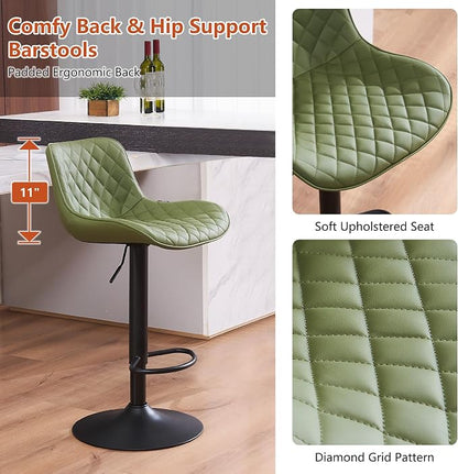 YOUTASTE Olive Green Bar Stools Set of 2, Mid-Century Modern Counter Height Stools for Kitchen Island, Faux Leather Upholstered, Swivel, Adjustable, Bar Chairs with Black Metal Base for Home Bistro