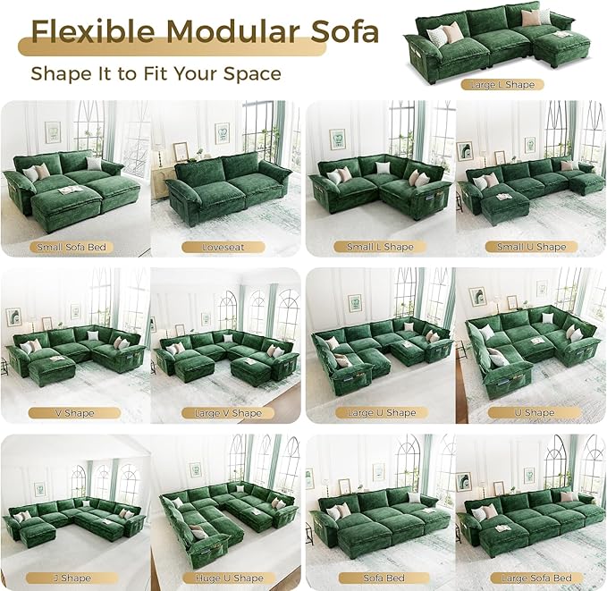KKL V-Shaped Modular Sectional Sofa, 3 Seater Cloud Couch, Chenille Sectional Couches for Living Room, Apartment, Green