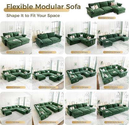 KKL V-Shaped Modular Sectional Sofa, 3 Seater Cloud Couch, Chenille Sectional Couches for Living Room, Apartment, Green