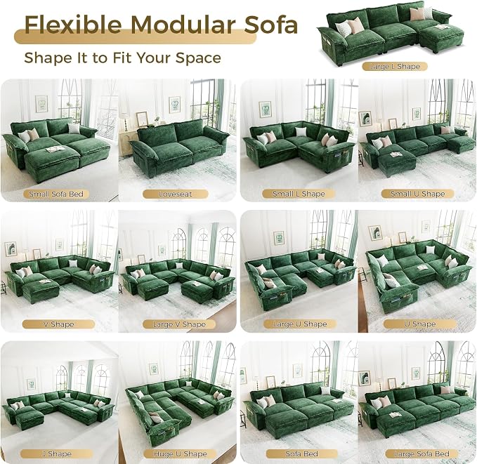 KKL 89 Inch Modular Sectional Sofa, 2 Seater Loveseat Cloud Couch with Deep Seat, Chenille Sectional Couches for Living Room, Apartment, Green