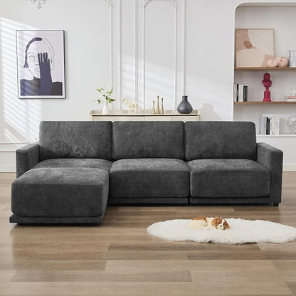 110.6" L Shaped Sectional Sofa, Modular Cloud Deep Seat Couch with Movable Ottoman, Oversized Thicked 4-Seats Sofas for Living Room, Chenille Grey