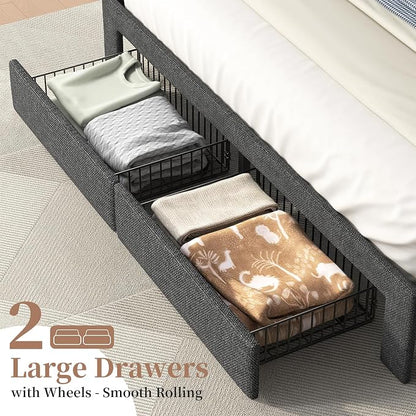 Full Size Bed Frame with Storage Headboard, Upholstered Full Bed Frame with LED Lights, USB Charging Station & 2 Storage Drawers, No Box Spring Needed, Dark Grey