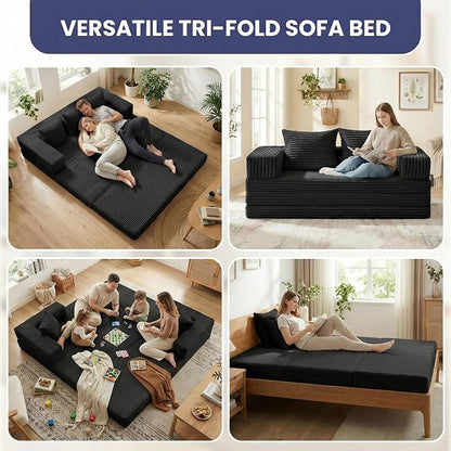 Convertible Sofa Bed, 4-in-1 Boneless Loveseat with Removable Armrests Backrest, Corduroy Futon Couch Bed with Pillow, Foldable Mattress Sleeper Sofa for Living Room Bedroom Small Place (Black)