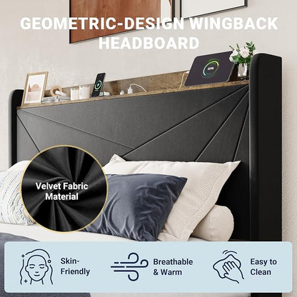 Allewie Full Size Velvet Bed Frame with 3 Storage Drawers, Upholstered Platform Bed with Wingback Storage Headboard and USB Ports, No Box Spring Needed, Easy Assembly, Black