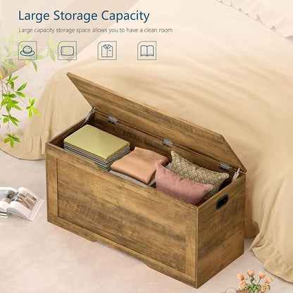 usikey 39.4” Storage Bench, Toy Box with 2 Safety Hinges, Lift Top Storage Chest, Toy Chest for Living Room, Bedroom, Entryway, Honey Brown