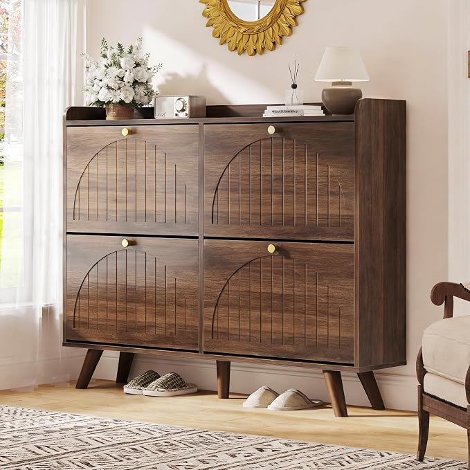 Decofy 47.2” Shoe Cabinet with 4 flip-Down Drawers, Three Adjustable Levels, freestanding Wooden Shoe Rack, Suitable for entryway, Hallway, and Living Room (Walnut)
