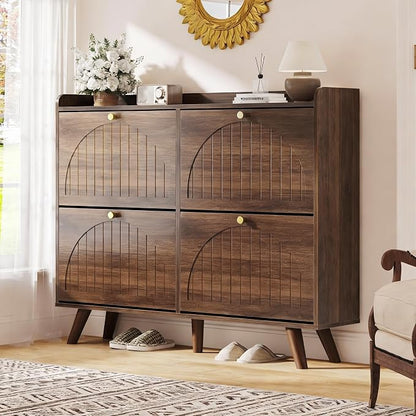 Decofy 47.2” Shoe Cabinet with 4 flip-Down Drawers, Three Adjustable Levels, freestanding Wooden Shoe Rack, Suitable for entryway, Hallway, and Living Room (Walnut)