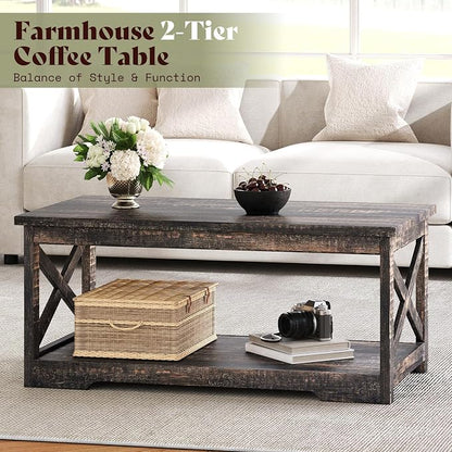 AMERLIFE 3-Piece Farmhouse Table Set Includes Coffee Table& Two End Tables, Side Table with Charging Station and USB Ports, for Living Room, Dark Oak
