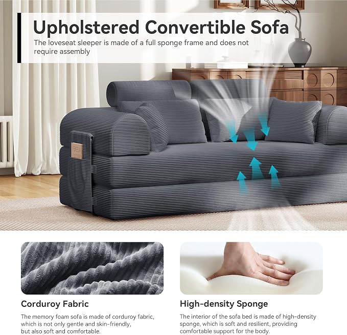 Upgrade High Backrest Design Sofa Bed with Fixed-Shape Frame & Removable Armrests and Backrest, Corduroy Fabric, Convertible Couch for Small Spaces - No Assembly Needed (Dark Gray)