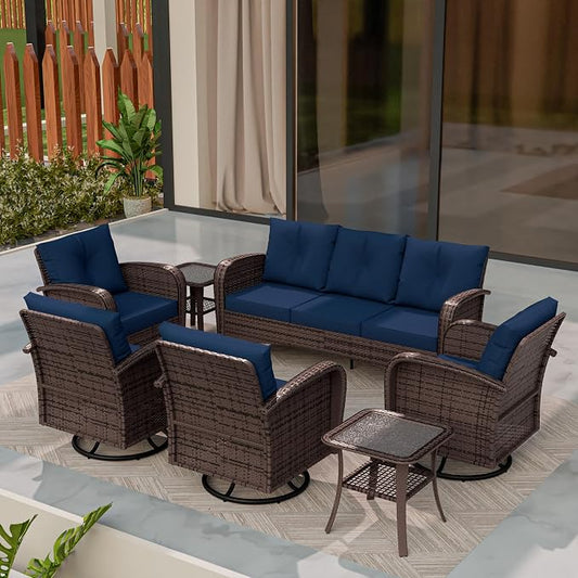 7 Piece Patio Conversation Set – 2 Swivel Rocking Chairs, 2 Coffee Tables & 3-Seater Sofa | PE Wicker Patio Sectional | Heavy-Duty Steel Frame & Weatherproof Cushions, Blue