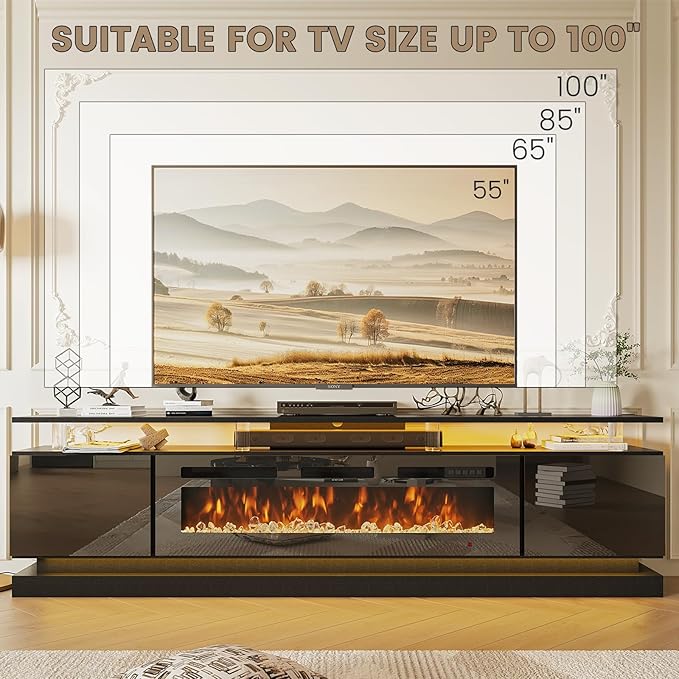 90" Fireplace TV Stand, Modern Entertainment Center for TVs Up to 100”, TV Console with Storage Cabinets, Media Console for Living Room, WiFi Enable Black TV Stand and Black Fireplace