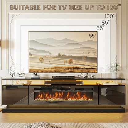 90" Fireplace TV Stand, Modern Entertainment Center for TVs Up to 100”, TV Console with Storage Cabinets, Media Console for Living Room, WiFi Enable Black TV Stand and Black Fireplace