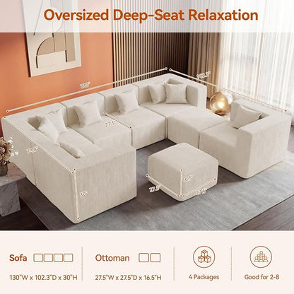 MONVANE Modular Sectional Sofa, Oversized 8 Seat Convertible U Shaped Couch with Ottoman, Comfy Chenille Cloud Couch with Deep Seat, Sectional Couches for Living Room, No Assembly Required, Beige