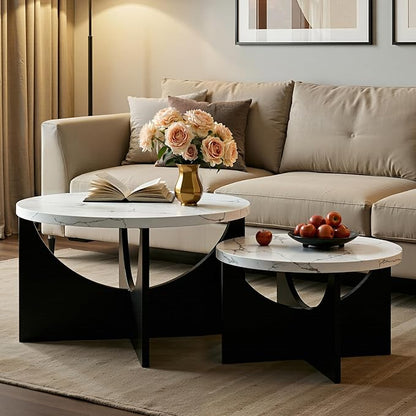 LIKIMIO Nesting Coffee Tables Set of 2, 31.5" Round Side Tables for Living Room, Wooden End Table, Marble