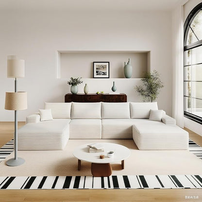 135" U Shaped Sectional Couch with Ottoman, Large Sectional Couches for Living Room, Plush Corduroy Convertible Sleeper Sofa, Compressed Foam Sofa in a Box No Assembly, Left Facing Chaise, White