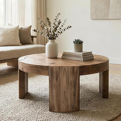 Solid Wood Round Coffee Table, 31.5-Inch Farmhouse Circle Center Cocktail Tea Table for Living Room, Wood Home Living Room Furniture, Easy Assembly, Light Brown