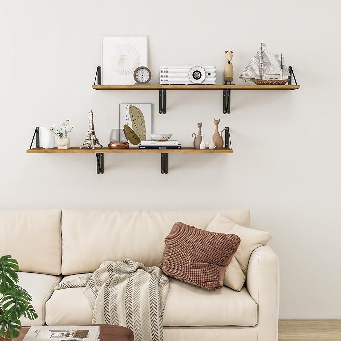 Heimlove Deep Floating Shelves for Wall, 12 Inch Deep Floating Shelves Set of 3, 16W x 12D Wood Wall Shelves, Wide Wood Shelves with Metal Bracket for Living Room, Kitchen, Office, Bedroom - Oak