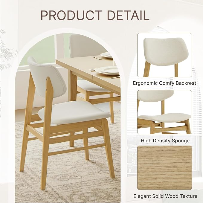 KISLOT Wooden Dining Chairs Set of 2, Upholstered Modern Dining Room Chairs, Solid Oak Wood Kitchen Chairs with Soft Cushion Backrest for Farmhouse, Restaurant, Café (Cream Fabric & Original Color)