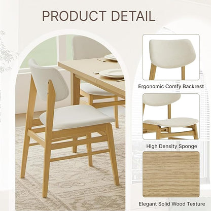 KISLOT Wooden Dining Chairs Set of 2, Upholstered Modern Dining Room Chairs, Solid Oak Wood Kitchen Chairs with Soft Cushion Backrest for Farmhouse, Restaurant, Café (Cream Fabric & Original Color)