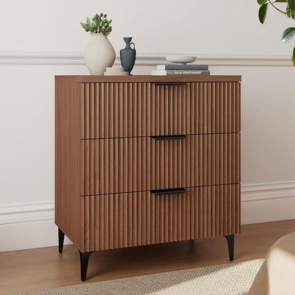 25.6"W Fluted Nightstand with 3 Drawer, Mid-century Modern Wood Night Stands Bedside Table for Bedroom King/Queen Bed, End Table with Robot-friendly Legs for Living Room,Entry (3 Drawers-1pcs-Walnut)