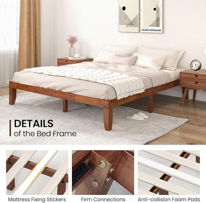 KOMFOTT 14 Inches Wood Platform Bed Frame King Size, Wooden Mattress Foundation with Rubber Wood Frame, Strong Wooden Slat Support, No Box Spring Needed, Bed Frame (Brown Cherry)