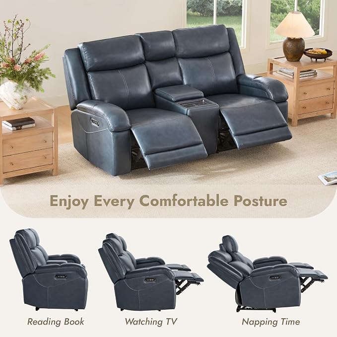 Watson & Whitely Genuine Leather Power Loveseat Recliner Sofa, Wall Hugger Loveseat Reclining Sofa with Storage Console, Power Headrest, Cup Holders, Dual Recliners for Living Room, RV, Navy Blue