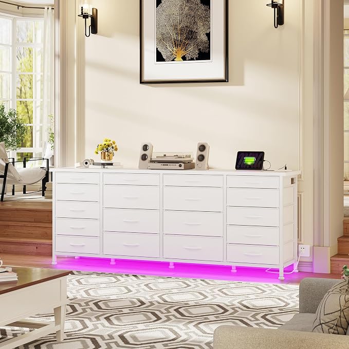 EnHomee 63" W White TV Stand for Living Room, 18 Drawers, LED & Charging | Long Dresser for 65"-75" TV, Deep Drawer, Spacious Storage, Drawers Glide, No Wobbling, Anti-tip, Easy Assembly, Wipes Clean