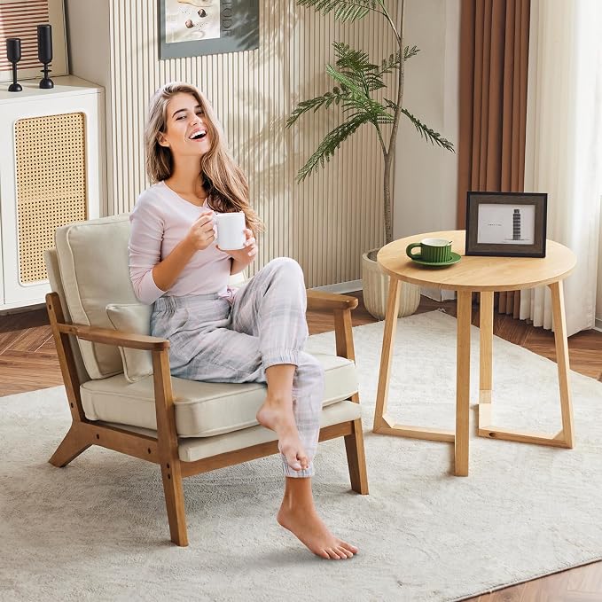 Karl home Mid-Century Lounge Accent Chair, Beige | Wide Curved Armrest, Linen Fabric, Lumbar Pillow Included, Solid Wood Frame, For Living Room, Bedroom, Balcony, Apartment