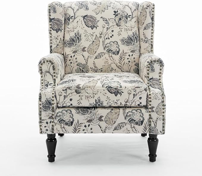 High Back Accent Chairs Set of 2, Fabric Upholstered Armchair Floral Wingback Chair for Living Room, Comfy Solid Wood Legs Bedroom Reading Seat - Plants Beige