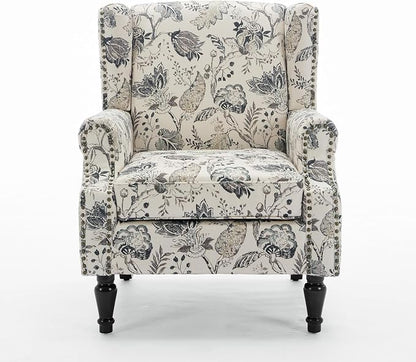 High Back Accent Chairs Set of 2, Fabric Upholstered Armchair Floral Wingback Chair for Living Room, Comfy Solid Wood Legs Bedroom Reading Seat - Plants Beige