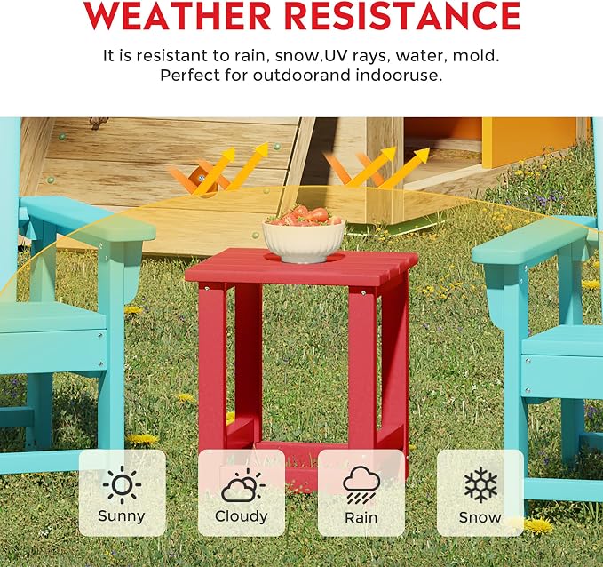 Costaelm Paradise Kids 3-Piece Outdoor HDPE Plastic Square Side Table and Rocking Chairs Set, Red