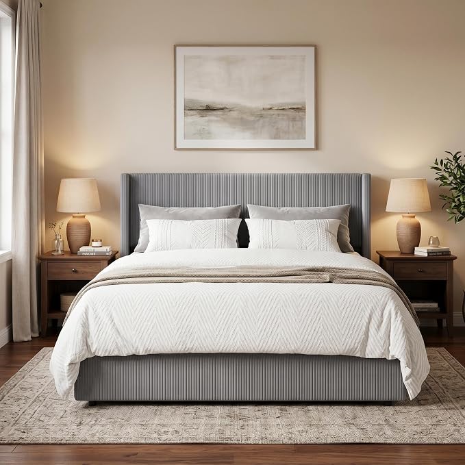 Garvee Full Lift Up Storage Bed Frame, Corduroy Upholstered Platform Bed with Gas Lift, Padded Headboard, Wooden Slat Support, No Box Spring Needed, Easy Assembly, Taupe Grey