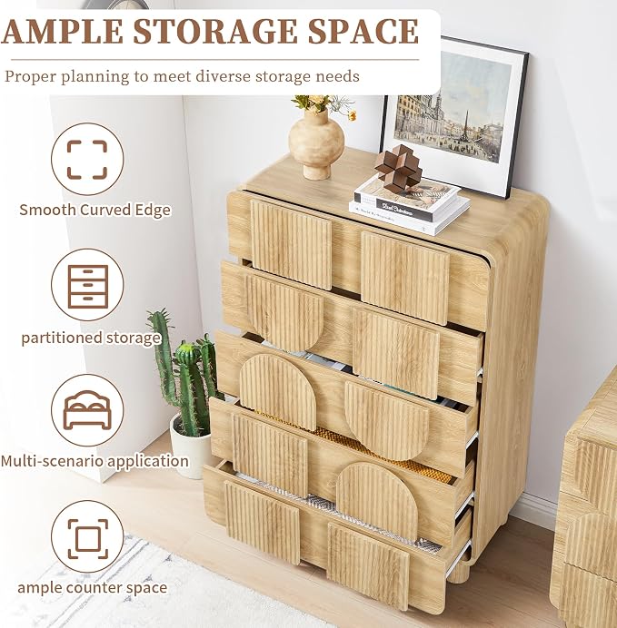 Fluted 5 Drawers Dresser for Bedroom, 46" Tall Dressers & Chest of Drawers w/Curved Profile Design, Wood Mid Century Modern Vertical Storage Dressers Organizer for Living Room, Hallway, Natural Oak