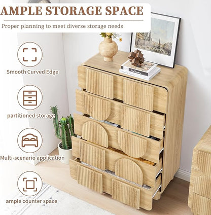 Fluted 5 Drawers Dresser for Bedroom, 46" Tall Dressers & Chest of Drawers w/Curved Profile Design, Wood Mid Century Modern Vertical Storage Dressers Organizer for Living Room, Hallway, Natural Oak