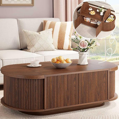 HSH 47" Oval Coffee Table with Storage, Walnut Coffee Table for Living Room | Modern Center Table with Press Type Door, Fluted Living Room Tables with 2 Flip-Top Hidden Lids, Wood Table