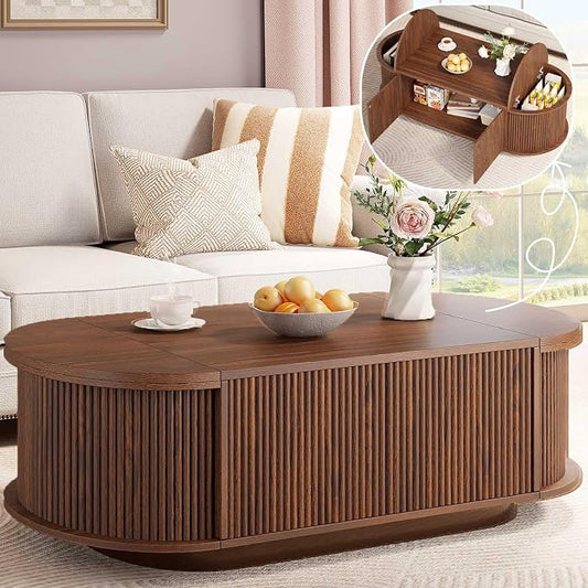 HSH 47" Oval Coffee Table with Storage, Walnut Coffee Table for Living Room | Modern Center Table with Press Type Door, Fluted Living Room Tables with 2 Flip-Top Hidden Lids, Wood Table