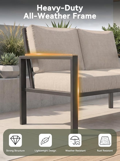 4 Piece Patio Furniture Set, All-Weather Sectional Sofa with 4 Inch Thick Cushions, 210g Fade-Resistant Spun-Dye Fabric, Outdoor Conversation Set with Coffee Table, Beige
