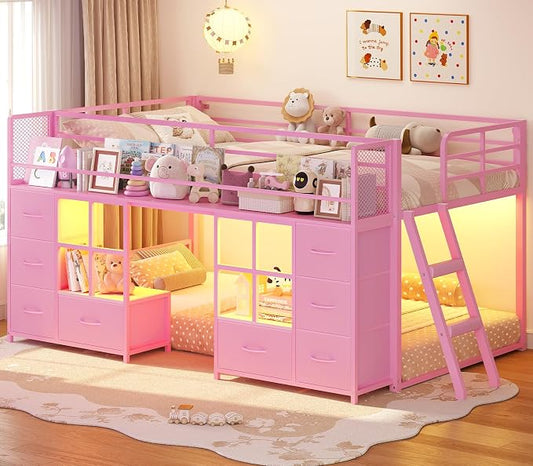 BTHFST Low Bunk Bed Twin Over Twin with 8 Fabric Drawers & Bookshelf, Twin Bunk Beds with RGB LED Lights, Windows, Metal Bunk Beds for Kids with Slanted Ladder & Safety Guardrails, Space Saving, Pink