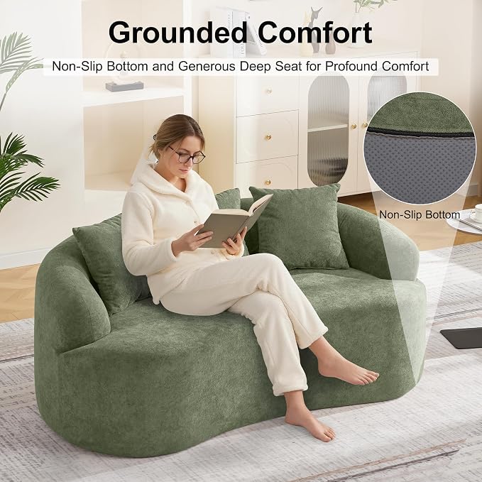 65" Curved Loveseat Sofa, Deep Seat Love Seat Couches with 3 Throw Pillows, Modern 2 Seater Boneless Curved Couch, Compressed Floor Sofa for Living Room Small Spaces, No Assembly, Green